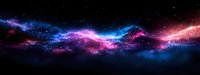 Cosmic panorama with vibrant blue and pink nebula formation against starry black space background, glowing interstellar dust and gas clouds creating ethereal waves.
