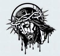 Jesus Christ wearing crown of thorns, dramatic black silhouette with dripping effect on white background. Religious art isolated for design projects and faith-based materials.