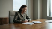 Professional mature Asian businesswoman in gray suit writing documents at wooden desk in modern office with natural lighting from large windows.