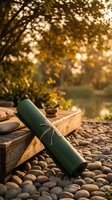 Green yoga mat rolled and tied with rope on wooden bench surrounded by smooth river stones in warm golden sunlight filtering through autumn trees.