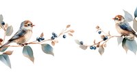 Small songbirds perched on branches with berries and leaves in watercolor style on white background for nature designs and decorations.
