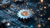 Glowing gear wheel on circuit board with magical light particles floating above, creating futuristic atmosphere. Technology concept for digital transformation and automation.