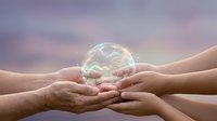 Multiple hands gently holding glowing transparent sphere with water waves against purple sunset sky, symbolizing environmental protection and teamwork.