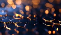 Glowing hexagonal network structure with golden light effects on dark background, futuristic technology concept with bokeh elements and depth of field.