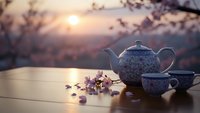 Ceramic teapot and cup with floral pattern on wooden table during golden hour sunset with cherry blossoms creating peaceful tea time atmosphere.