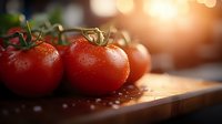 Fresh ripe red tomatoes with water drops on wooden cutting board in warm sunlight. Natural organic produce for healthy cooking and food photography.