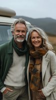 Mature Caucasian couple in warm autumn clothing smiling outdoors near mountains, expressing joy and connection during their travel adventure in nature.