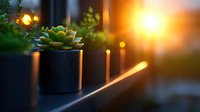 Succulent plant in black pot on metal railing at sunset with warm bokeh lights creating peaceful atmospheric mood for home garden and lifestyle design.