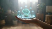 Holographic brain projection floating above open palm with glowing neural network connections and digital interface elements for futuristic technology concepts.