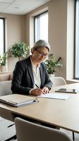 Professional mature Caucasian businesswoman with gray hair and glasses writing documents at modern office desk near window with plants in background.