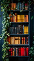 Vintage books arranged on dark blue bookshelf with climbing green philodendron plants creating cozy library atmosphere. Perfect for education and literature concepts.