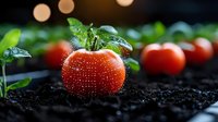 Fresh ripe tomatoes with water drops growing in dark fertile soil, green leaves and bokeh lights in background, macro photography for farm produce.