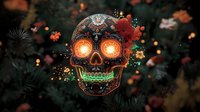 Glowing sugar skull with ornate patterns and neon details floating in dark mystical forest with magical particles and red flowers, day of dead celebration atmosphere.