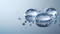 Large water drops on light gray surface with small droplets scattered around creating minimalist composition with soft blue tones and reflective elements.