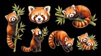 Cute red panda clipart set with bamboo, isolated on transparent background. Six poses for t-shirt design, stickers, print on demand, and sublimation crafts.