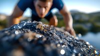Athletic young Caucasian male in blue shirt focused on climbing wet rock surface near water, close-up view of water droplets and texture on dark stone during outdoor activity.