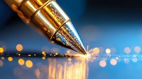 Golden fountain pen nib creating sparks on reflective blue surface with bokeh lights in background, symbolizing creativity and precision in writing.