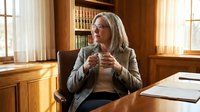 Senior woman with long gray hair and glasses, wearing a blazer, gesturing while speaking in a wood-paneled office with bookshelves and windows, suitable for business, education, and professional communication concepts.