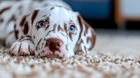 Adorable Dalmatian puppy with bright blue eyes lying on beige carpet, close-up portrait showing spotted coat pattern and sweet expression. Perfect for pet care themes.
