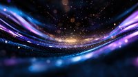 Abstract cosmic background with glowing blue and purple light waves, golden particles, and bokeh effects creating magical space atmosphere.