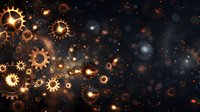 Glowing golden mechanical gears and cogs floating in dark space with bokeh light effects create magical industrial background pattern.