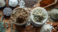 Various organic powder ingredients and spices in glass jars on wooden surface with scattered nuts and herbs, top view composition for cooking and baking.
