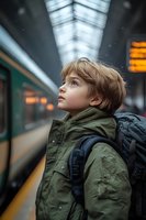 Young boy with backpack looking up at train station platform with wonder and curiosity during travel journey.