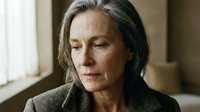 Mature woman with long dark hair and fair complexion, wearing brown cardigan, looking downward with contemplative expression in indoor setting with natural light.