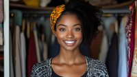 Young African American woman with natural curly hair and orange headscarf smiling confidently in clothing store, wearing gray sweater. Professional portrait for fashion retail.