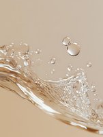 Dynamic water splash with floating droplets against beige background, capturing liquid motion and transparency in macro photography for cosmetic advertising.