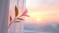 Pink lily flower on windowsill against sunset sky with soft pastel colors, creating serene atmosphere for wellness and mindfulness concepts.