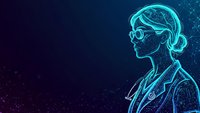 Digital wireframe female doctor profile with glowing cyan neural network connections on dark blue background for medical technology presentations.