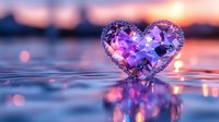 Purple crystal heart reflecting on water surface against sunset sky with bokeh lights creating romantic atmosphere. Soft focus macro photography.