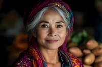 Smiling mature Asian woman wearing colorful traditional clothing and headscarf, radiating warmth and wisdom against dark background with soft natural lighting.
