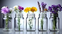 Fresh spring wildflowers arranged in glass mason jars on reflective surface against gray background, featuring purple, yellow and white blooms in minimalist style.