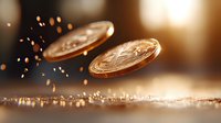 Golden cryptocurrency coins floating with sparkles against blurred warm background, dramatic lighting creates mystical atmosphere for financial technology concept.