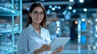 Young Asian female pharmacist in white coat using digital tablet while working in modern drugstore with illuminated display shelves and blue bokeh background.
