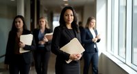 Professional businesswoman leading team in modern office corridor holding documents with confident expression and diverse colleagues in background.