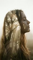 Young woman with long brown hair in profile, eyes closed, with double exposure forest and misty trees overlay creating ethereal effect. Suitable for wellness, mindfulness, mental health, nature connection, and spiritual content.