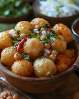 Crispy potato balls garnished with chickpeas, fresh herbs, red chili and onions in rustic wooden bowl. Traditional Middle Eastern appetizer with spicy sauce.