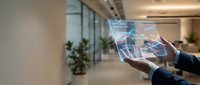 Businessman holding transparent digital tablet displaying network connections and data visualization in modern office corridor with natural light.