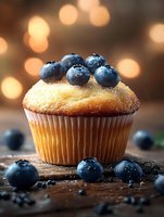 Delicious blueberry muffin topped with fresh berries and powdered sugar on wooden surface with warm bokeh lights creating cozy bakery atmosphere.