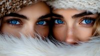 Two young Caucasian women with striking blue eyes peek through white fur hood in winter portrait showcasing friendship and cold weather fashion.