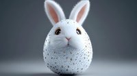 White egg-shaped bunny with long ears and pink nose against dark background, decorated with speckled pattern. Creative Easter concept for seasonal designs.