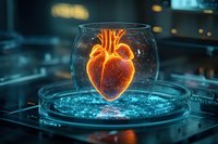 Glowing orange anatomical heart hologram in glass dome on futuristic medical platform with blue digital interface in dark laboratory setting.