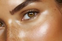 Close up macro shot of brown eye with natural freckles and glowing skin showing radiant complexion and flawless eyebrow makeup in warm golden light.