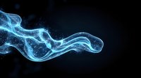 Luminous blue smoke trails with glowing particles swirling against dark background create ethereal atmospheric effect for creative design projects.