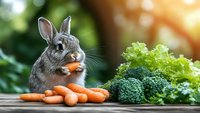 Adorable grey bunny rabbit eating fresh carrots on wooden table with broccoli and lettuce, natural garden background with bokeh lights and sunflare.