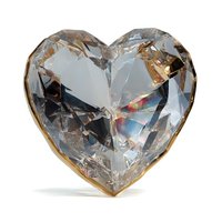 Luxury crystal heart with golden edges showcasing brilliant faceted cuts and prismatic light reflections on white background for romantic designs.