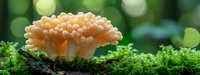 Small orange coral fungi growing on moss-covered forest floor with soft bokeh background creating natural woodland scene for botanical education.
